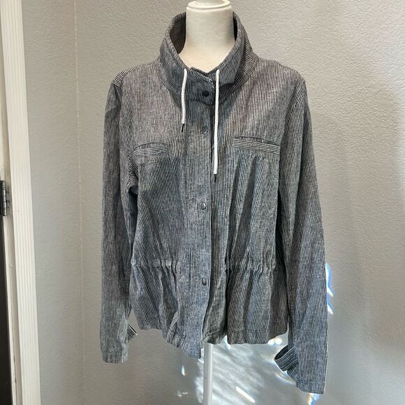 Loft Blue & White Stripe Linen Cotton Blend Cropped Jacket Size Large - Picture 2 of 10